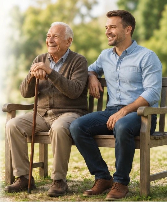 Un uomo anziano e un uomo giovane sorridenti seduti su una panchina al parco